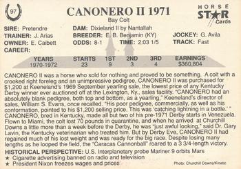 1991 Horse Star Kentucky Derby #97 Canonero II Back